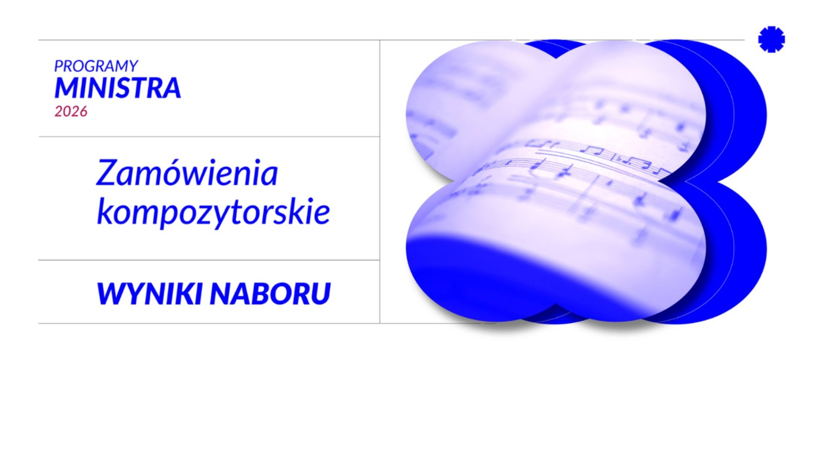 niebieska grafika, zdjęcie zapisu nutowego na białym tle, napis: "zamówienia kompozytorskie. wyniki naboru"