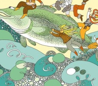Ilustracja autorstwa prowadzącej warsztaty, Natalii Uryniuk. Na pierwszym planie jest ryba, która skacze z fal. Na grzbiecie ryby siedzi postać przypominająca człowieka. Pozostałe cztery postaci trzymają się grzzbietu ryby. 