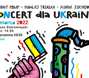 rysunkowa dłoń trzymająca flagę Ukrainy napis "koncert dla Ukrainy, 12 marca 2022"