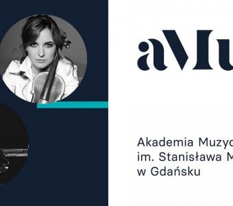 Grafika z logotypem Akademii Muzycznej w Gdańsku oraz dwa czarnobiałe zdjęcia: kobiety ze skrzypcami i mężczyzny przy fortepianie.