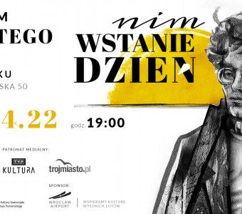 baner żółty czarny portret rysunkowy Krzysztofa Komedy mężczyzna w ciemnych okularach, tytuł wydarzenia nim wstanie dzień data 08.04.22