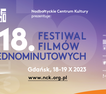 grafika fioletowo pomarańczowa, napis "18. Festiwal Filmów Jednominutowych"