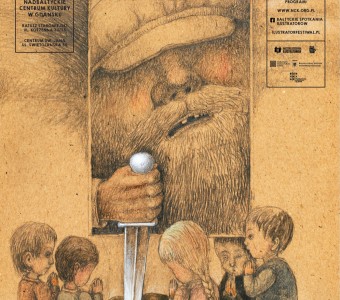 ilustracja, mężczyzna trzyma miecz wbity w ziemię, dzieci klęczą i patrzą się w ziemię