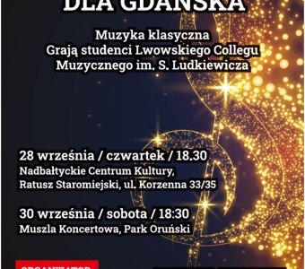 czarne tło, klucz wiolinowy z fajerwerków hasło "lwów gra dla gdańska"