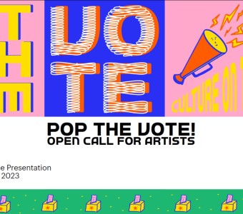 kolorowe kwadraty, kolaz liter układają się w "pop the vote"