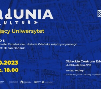 niebieskie logo. Napis "RadUNIA kultury. Latający Uniwersytet"