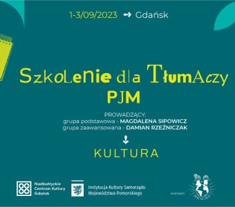 grafika zielona, żółte elementy. notes, dłonie, napis "szkolenie dla tlłmaczy PJM"