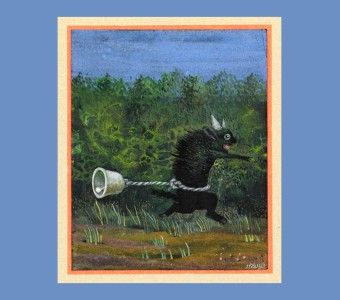 ilustracja Stasysa, uciekający czarny diabełek, ciągnie za sobą dzwoneczek