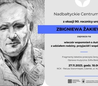 szara grafika, portret żakiewicza, zaproszenie do udziału w spotkaniu wspomnikowym