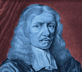 portret Heweliusza na bordowym tle, ilustracja