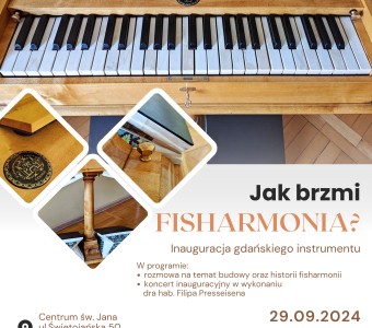 Plakat ilustrujący wydarzenie, na plakacie widok drewnianej fishalrmonii.