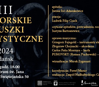 plakat z biało-żółtymi napisam,i na czalnym tle, ilustracja do wydarzenia 