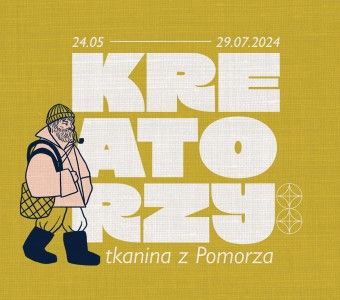 oliwkowa grafika napis "KRE-ARO-RZY: tkanina z Pomorza" ilustrowany Rybak