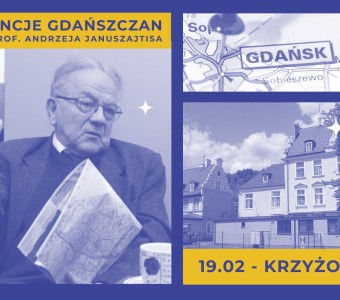 grafika ze zdjęciami (na nich profesor Januszajtis, przykładowa rezydencja w Gdańsku, fragment mapy Gdańska)