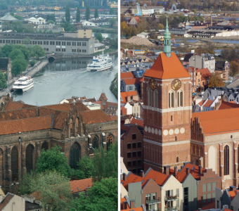 grafika, z lewej strony zdjęcie centrum św. jana 30 lat temu, po prawej stronie centrum św. Jana dzisiaj. Po bokach wzorki białe wzroki dekoracyjne, czyli paterka, po środku pionowo biała linia oddzielająca zdjęcia