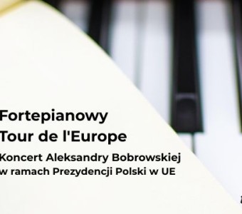 grafika do koncertu, na niej klawisze fortepianu, książka z nutami