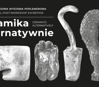 grafika do wydarzenia - czarne tło białe napisy z nazwą wydarzenia, artystami oraz zdjęciami rzeźb ceramicznych 