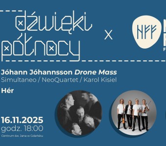 grafika w kolorach biały-niebiesko szary, na niej zdjęcia artystów w kółkach, a na górze logotypy dwóch festiwali, które współpracują ze sobą