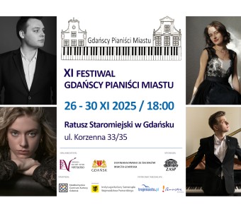 baner do wydarzenia. na środku, na białym tle napisana nazwa wydarzenia i godzina, po prawej i po lewej stronie zdjęcia pianistów, którzy wystąpią