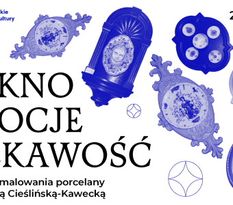 grafika do wydarzenia na stronę, z nazwą warsztatu i zabytkowymi przedmiotami i porcelaną, które będą na wystawie