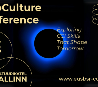 innoculture czarna grafika z niebieskim kółkiem na środku i żóltymi napisami