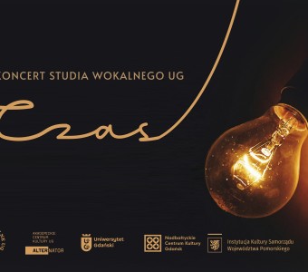 grafika z czarnym tłem, po prawej stronie żarówka z ciepłym światłem, po lewej stronie napis czas, na górze nazwa wydarzenia, na dole logotypy organizatorów i partnerów