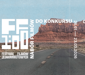 kadr z filmu. Mężczyzna biegnie pustą szosą, na horyzoncie skała. Na [is "Festiwal Filmów Jednoinutowych, FF1:00"