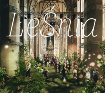 zdjęcie z wnętrza Centrum św. Jana samej LeŚni. Zielone rośliny materiałowe obiekty w pośród gotyckich filarów i sklepień Centrum św. Jana