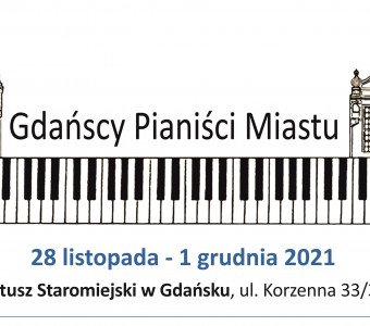 grafika kalwiatury fortepianowej i wyłaniających się z niej fasad kamienic napis "Gdańscy Pianiści Miastu