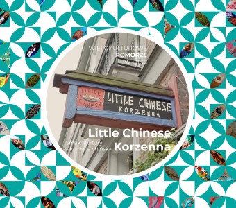 zdjęcie szyldu restauracji z napisem Little Chinese Korzenna wokół abstrakcyjny patern