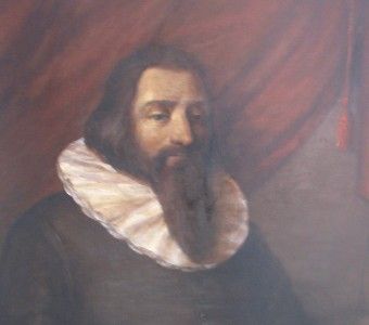 zdjęcie fragmentu obrazu - portret Jana Jakuba Cramera, mężczyzna z brodą w kryzie na tle kotary