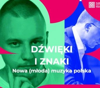 fotografie mężczyzn muzyków na plakacie, tekst "dźwięki i znaki. Nowa (młoda) polska muzyka