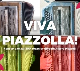 akordeon w abstrakcyjnych kolorach z napisem Viva Piazzolla