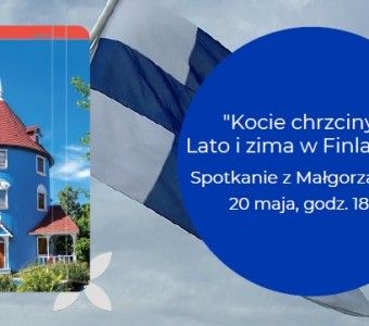 Okładka książki "Lato i zima w Finlandii" na tle fińskiej flagi