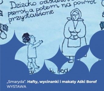 niebieska makatka z kobietą i dzieckiem i tekstem ludowym