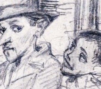 fragment rysunku brunona schulza mężczyzna w cylindrze i chłopczyk, park, ławka