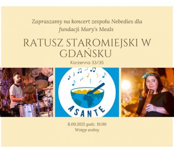 zaproszenie na koncert w ratuszu Staromiejskim dla Fundacji Mary's Meals, zdjęcia chłopaka i dziewczyny, muzyków grających na instrumentach