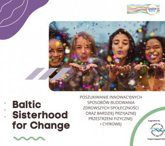 zdjęcie kobiet dmuchających w dłonie z konfetti napis "baltic sisterhood for change"