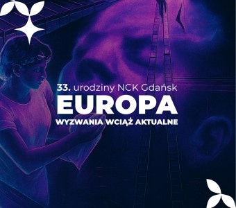 filoletowo-czarna grafika. Postać kobiety przy ogromnej śpiącej ludzkiej głowie 