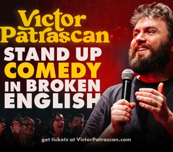 zdjęcie mężczyzny, broda, mikrofon, mowa. Napis "Victor Patrascan, stand up comedy in broken english" 