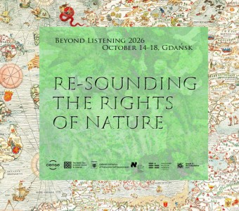 zielony trójkąt na tle - dawna mapa. Napis Re-sounding the rights of nature