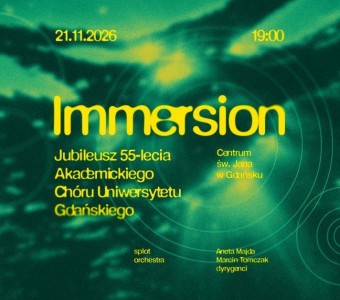 zieolna abstrakcyjna grafika - prawdopodobnie lustro wody, żółty napis "immersion"