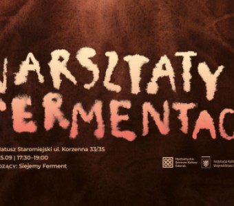brązowa grafika, napis "warsztaty fermentacji"