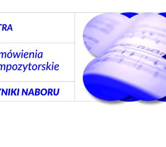 niebieska grafika, zdjęcie zapisu nutowego na białym tle, napis: "zamówienia kompozytorskie. wyniki naboru"