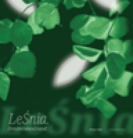 zielone tło, gałązki lipy, księżycowy blask, napis: "LeŚnia. Dream(wood)land)"