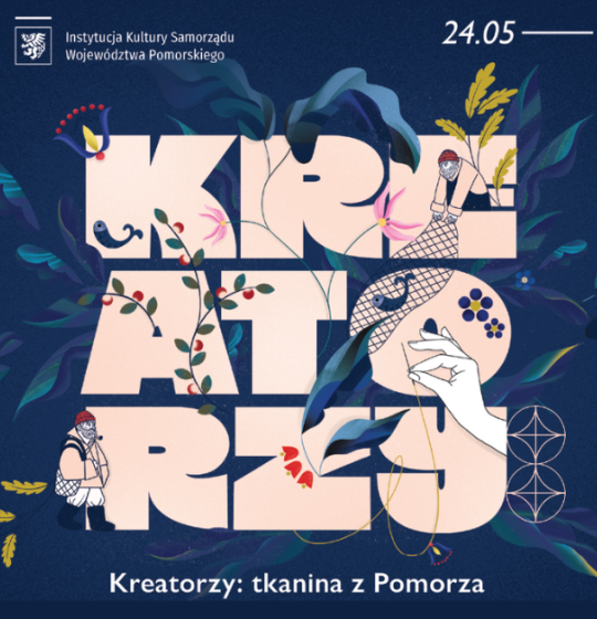 plakat do projektu kreatorzy: na środku litery nazwy projektu, dekoracje hafciarskie