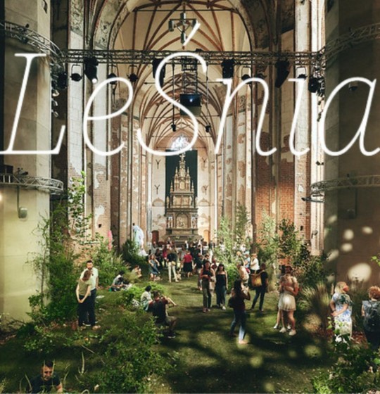 zdjęcie z wnętrza Centrum św. Jana samej LeŚni. Zielone rośliny materiałowe obiekty w pośród gotyckich filarów i sklepień Centrum św. Jana