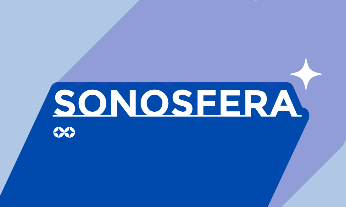 niebieskie figury geometryczne, biały napis "sonosfera"