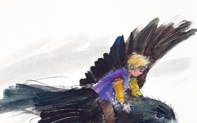 Ilustracja przedstawiająca chłopca lecącego na ptaku 