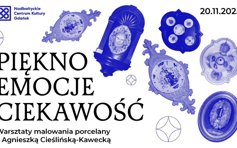 grafika do wydarzenia na stronę, z nazwą warsztatu i zabytkowymi przedmiotami i porcelaną, które będą na wystawie